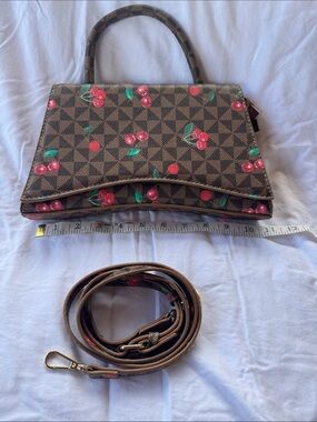 Top-Handle Cherry Print Brown Crossbody Bag